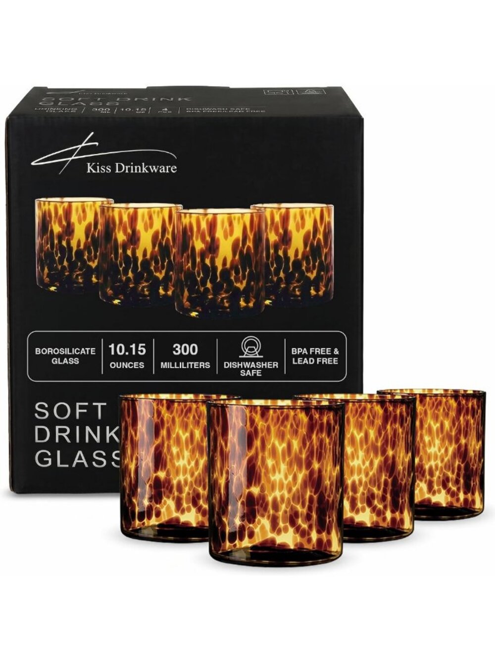 Tortoise Shell Lowball Glass Set of 4 – 10.15 oz Borosilicate Whiskey & Cocktail